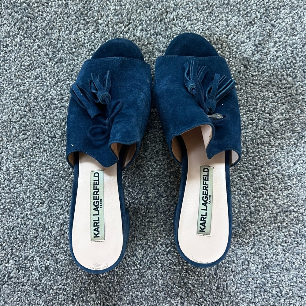 Women’s Karl Lagerfeld Suede Tassel Accents Heel Slides in Blue in Size 6.5 - Picture 2 of 8